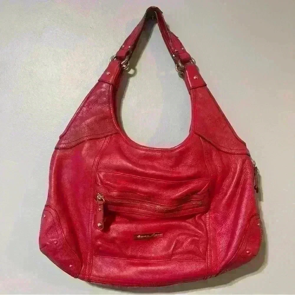 Etienne Aigner Red Genuine Leather Handbag Pockets Zip Around Boho Outdoor